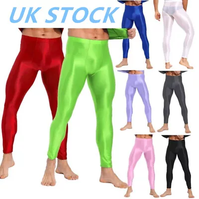 UK Men's Oil Glossy Compression Pants Solid Color Yoga Workout Tights Trousers • £15.29