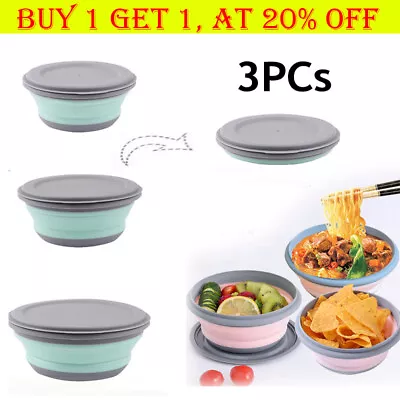 3Piece Camping Collapsible Bowl Travel Bowl With Lid Silicone Folding Bowl CZ • £9.55