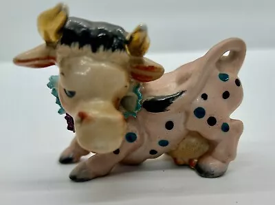 Vintage Porcelain Pink Bull Figurine Polka Dot Ruffle Collar Gold Horns Japan • $8.99