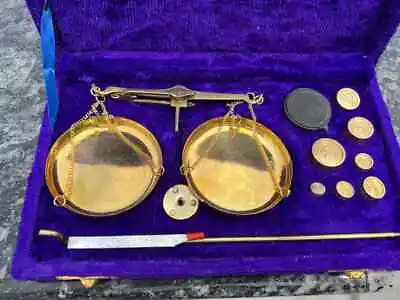 Antique Brass Weighting Scale Vintage Goldsmith Weight Balance Velvet Box Gifts • $37.79