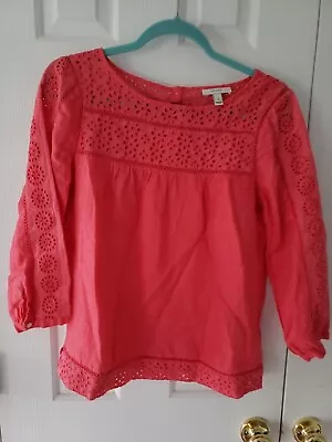 J. Crew Women’s Fusha Peasant Style 3/4Sleeve Lace Inset Linen Top Sz 10 EUC • $15