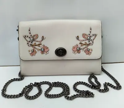 Coach Marlow Cream Leather Floral Appliqued Turnlock Chain Strap Crossbody Bag • $145