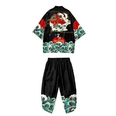 Mens Women Retro Kimono Yukata Top+Pants Suit Japanese Style Crane Pattern Chic • £16.91