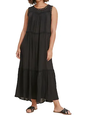 $28.50 • Buy Womens Plus Size 18 To 26 Black Crinkle Viscose Maxi Dress Sleeveless Crotchet T
