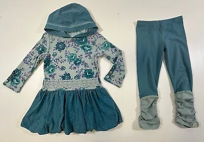 Naartjie Girls Teal Cotton Rose Hooded Long Sleeve Dress Legging Pants Set 3 XS • $18.99