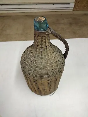 Antique 18  Primitive Demijohn Glass Wine Bottle Woven Wicker Handles Jug • $69.95