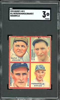 1935 Goudey 4 In 1 Babe Ruth Mcmanus Brandt & Maranville Card #1J - SGC 3 (VG) • $3130.25