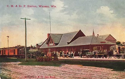 (pc) C. M. & St. P.  Railway Railroad Train Station Depot Wausau Wisconsin • $15