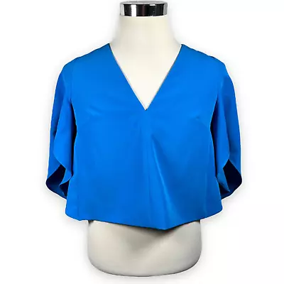 Milly Top Blouse Blue Womens Small Cropped 3/4 Sleeve Flare V Neck Pullover USA • $29.99