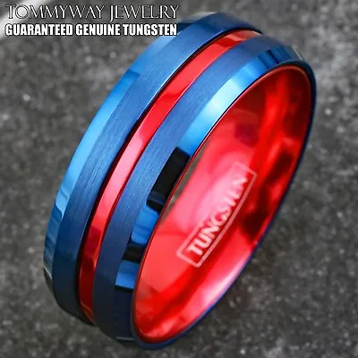 Blue Tungsten Carbide Men's Thin Red Line Wedding Band Ring - Superhero Colors • $15.99