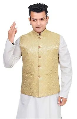 Men’s Champayne Gold Brocade Vest Jacket Only Waistcoat Without Kurta Set 1035 • £45