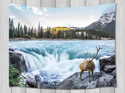Extra Large Tapestry Wall Hanging Nature Forest Waterfalls Lake Elk Fabric Art • $30.15