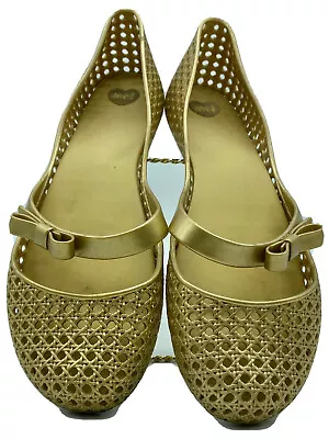 Mel By Melissa Dreamed Gold Ballet Bow Flats Jelly Women Size US 10 EU 41/42 • $26.95