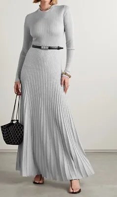 Khaite Dress Keese Silver Metallic Ribbed Knit Maxi Pleated L Sleeve NWT Size S • £960.31