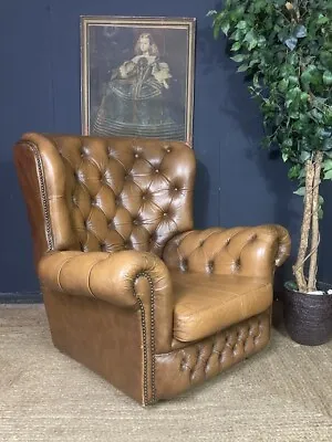 A Good Ample Sized Vintage Tan Leather Chesterfield Chair Armchair • £275