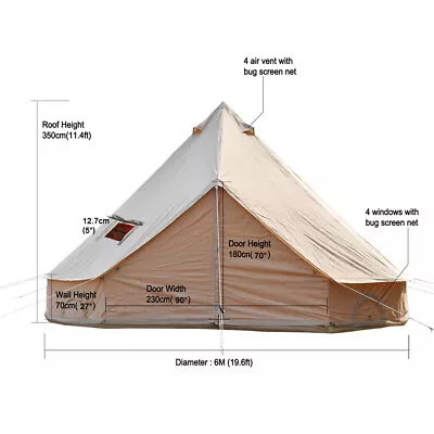 UNISTRENGH 6M Canvas Bell Tent Waterproof Glamping Camping Family Tent Yurt Tipi • $940