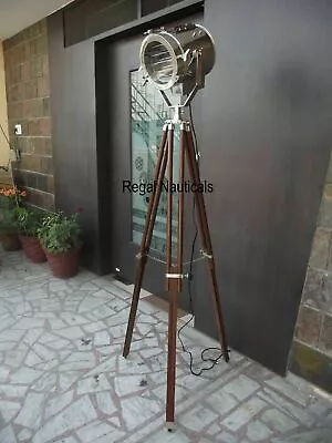 Nautical Reproduction Spot Search Light Spotlight W/floor Wooden Tripod Stand .. • $153.39