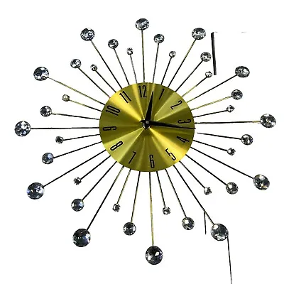 Gold Iron Round Sunburst Design Wall Clock Clear Acrylic Bead Retro Vintage • $23.99