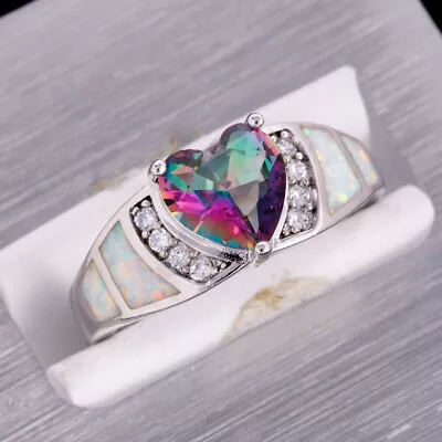 8x8 Heart Rainbow Mystic Topaz White Fire Opal Silver Jewelry Ring Size 7 8 9 10 • $4.99