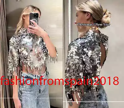 Zara New Woman Short Fringed Sequinned Cape Silver S-ml-xl  1758/201 • $77.99