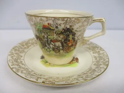 RARE HOLLINSHEAD & KIRKHAM H & K TUNSTALL TEA CUP & SAUCER W STAGE COACH SCENE • $37.50