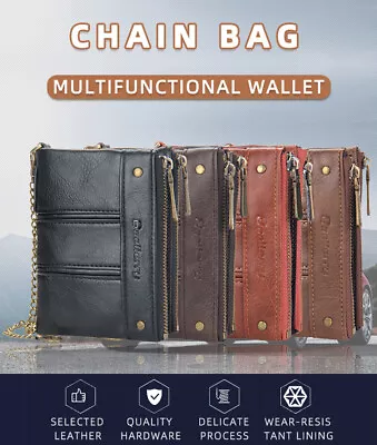 Men Men's C2 Leather Wallet With Chain ID Credit Card Holder Double Zipper Coin • $13.99