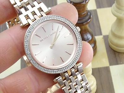 MICHAEL KORS 40mm Ladies Crystals Bezel Rose Gold Bracelet Wristwatch • £4.99