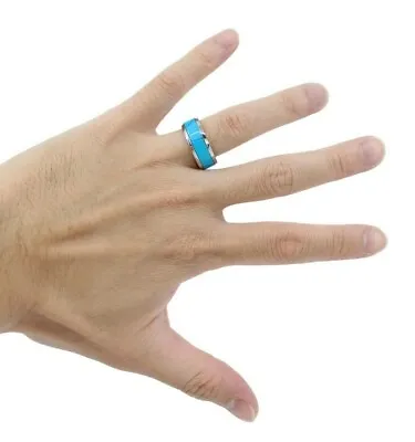 Turquoise Stainless Steel Ring Band - 8mm - Wedding Ring Unisex Hawaii • $15.26