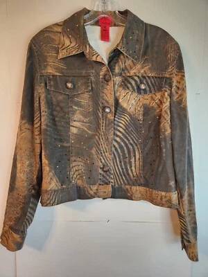 $16 • Buy Cristina V Denim Jacket Size PM Women S Animal Print Long Sleeve Brown/Black