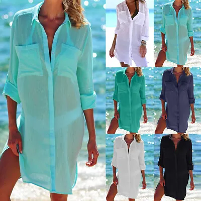 Women's Summer Swimwear Beachwear Bikini Beach Cover Up Short Dress Long Shirt • £3.62