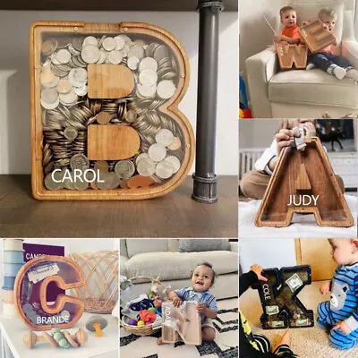 18cm Kids Wooden Piggy Bank Letter A-Z Piggy Bank With DIY Money Sticker Box DIY • $6.59