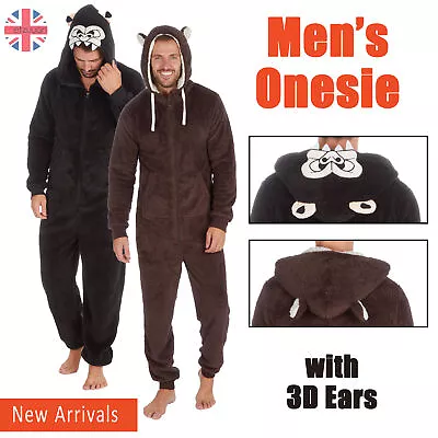 1Onesie Mens Adult Boys All In One Hooded Soft Fleece Jumpsuit Animal Print Zip • £26.99