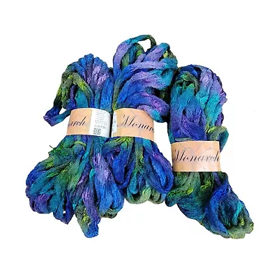 3X Lot KFI Monarch Ruffle Lace Mesh Yarn 100g Hank Partie Blue Loom Knit Wool • $34.99