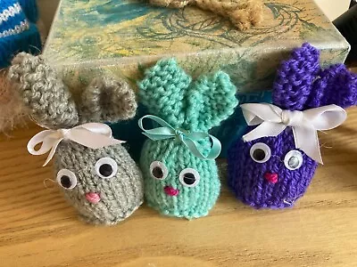 3 X Easter Creme Egg Cosy /cover - Rabbits - Hand Knitted - Grey Purple Green • £3.99