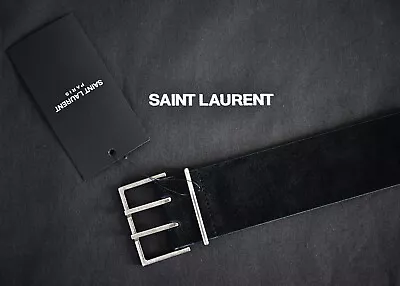 🆕️ SAINT LAURENT Black Suede COCCO Print KENYA Square Buckle Belt IT-90 US-36 • $180