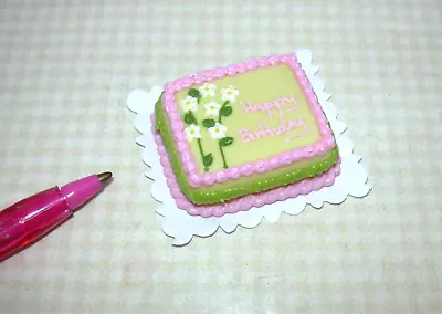 Miniature TS Pink Yellow & Green Birthday Sheet Cake On Doily - DOLLHOUSE 1:12 • $7.98