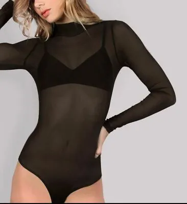 £9.99 • Buy Womens Ladies Turtle Polo Neck Sheer Mesh Long Sleeve Leotard Shirt Bodysuit Top