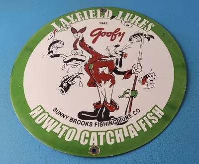 Vintage Layfield Sign - Fishing Lures Sign - Goofy - Gas Service Pump Plate Sign • $143.47