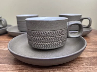 Set Of 4 Chevron Teacups & Saucers 1960s Denby Pottery. Retro Stoneware. • £20
