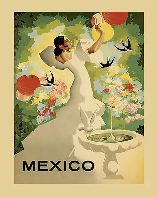 Mexico Fashion Lady Flowers Birds Fountain Travel Vintage Poster Repo FREE S/H • $17.90