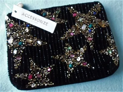£13.50 • Buy ACCESSORIZE Black Velvet Bead & Sequin Star Make-Up Bag (BNWT)