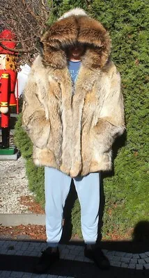 Men's 100% Real Coyote Fur Coat Jacket With Hood Coat Outwear 2XL • £820