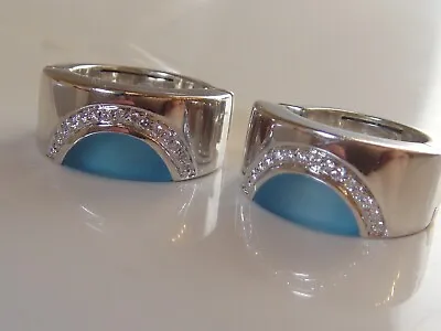 Movado 18k White Gold Blue Topaz Diamond Earrings Hoops • $1349.99