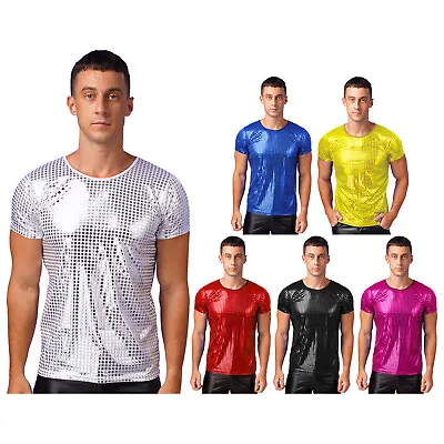 Mens Sparkle Sequin Round Neck Short Sleeve T-Shirts Tops Shiny Nightclub Party • £14.78