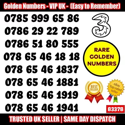 Golden Number VIP UK SIM - Easy To Remember Unique Golden Numbers -  B337B • £14.95