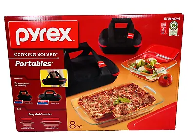 Pyrex Portables 8 Pc Bakeware Set W/ Carrier Cases & Lids 8x8 And 9x13 Casserole • $59