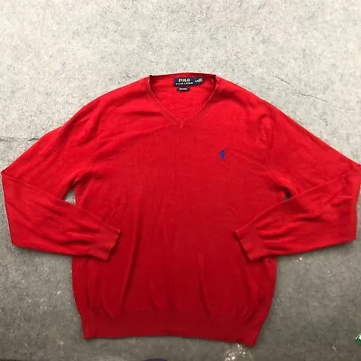 Polo Ralph Lauren Sweater Men Large Red Blue Pony V Neck Cotton Knit Pima • $18.98