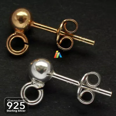 925 Solid STERLING SILVER BALL EARRING STUD POSTS With Open Ring Findings 437 • £3.65