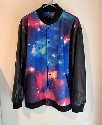 $27.95 • Buy Galaxy Print Bomber Jacket Button Up. Rave Top.  Coat Size Large Mens  🌌 Pizoff