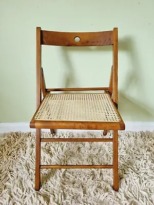 Vintage Retro Wood & Rattan Cane Folding Chair Mesh Design Mid-Century Style  • £55